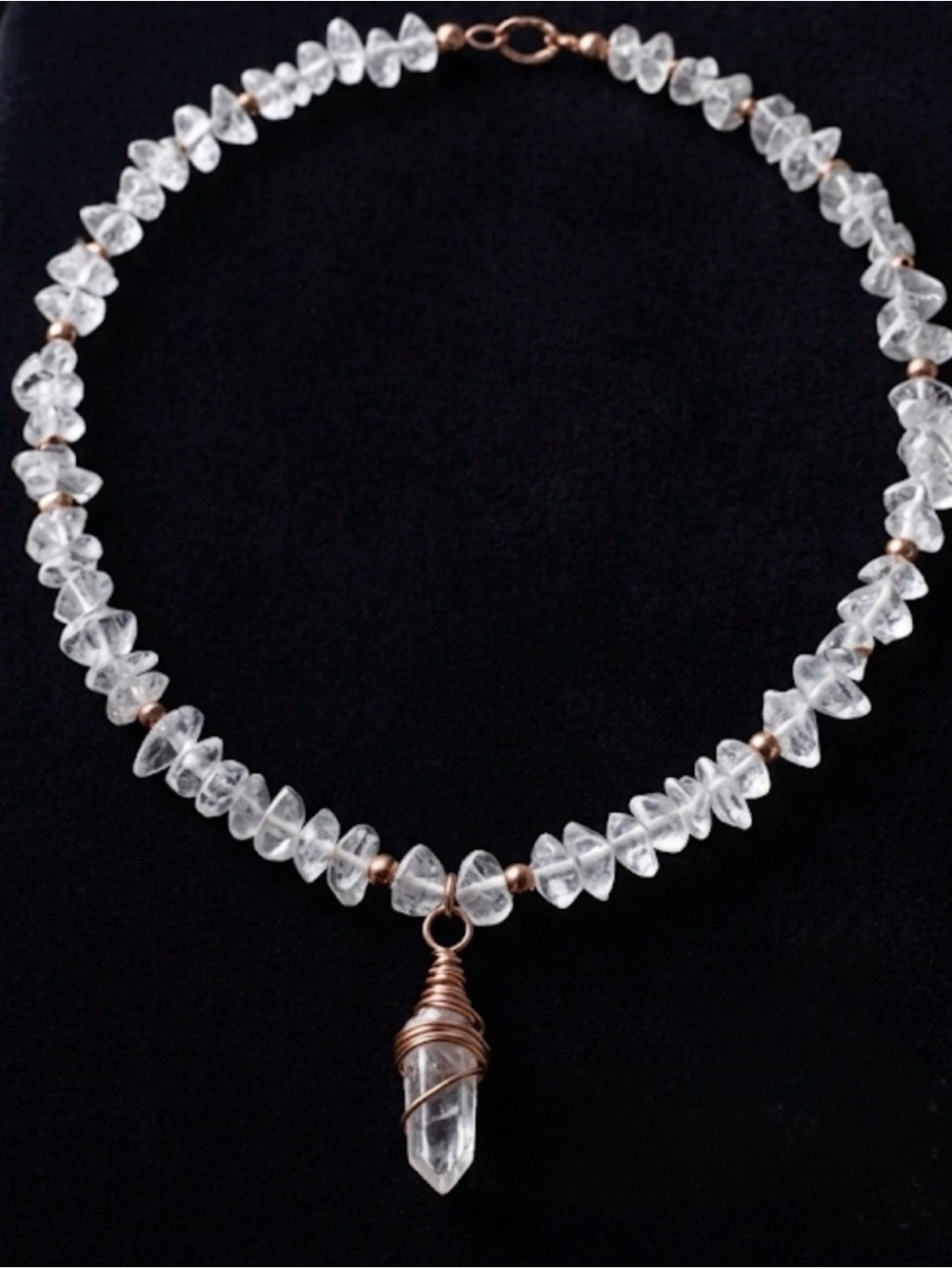 Clear Quartz Chip Necklace with Copper Wire-Wrapped Pendant - Women Jewelry